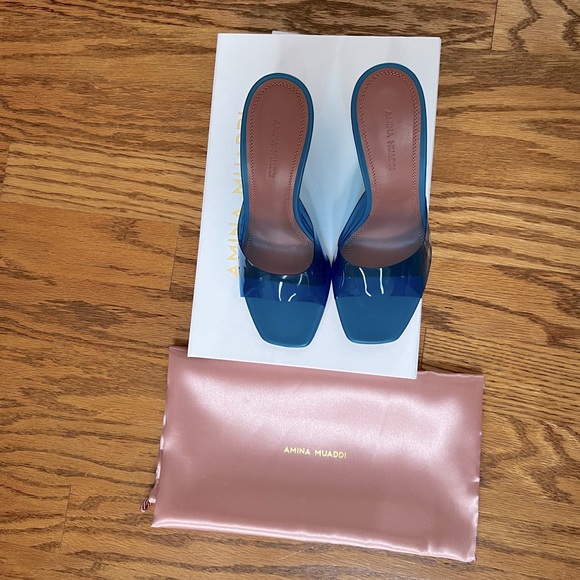 😊SOLD😊Amina Muaddi Blue Lupita Glass Wedge Heeled Sandals in 39 - Picture 2 of 15